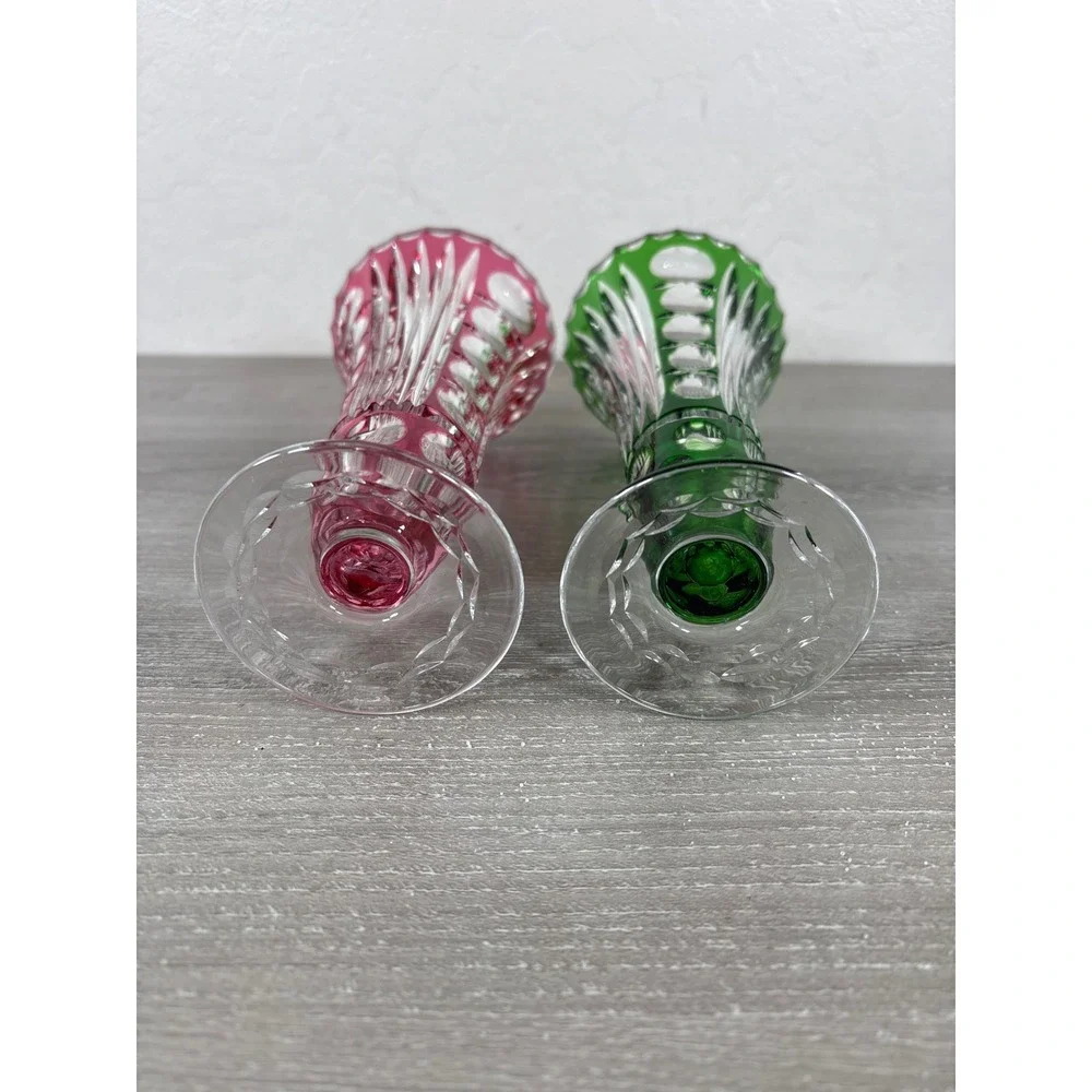 Vintage Bohemian Cut to Clear Crystal Bud Vases Pink Green Pair 6.5 Inch